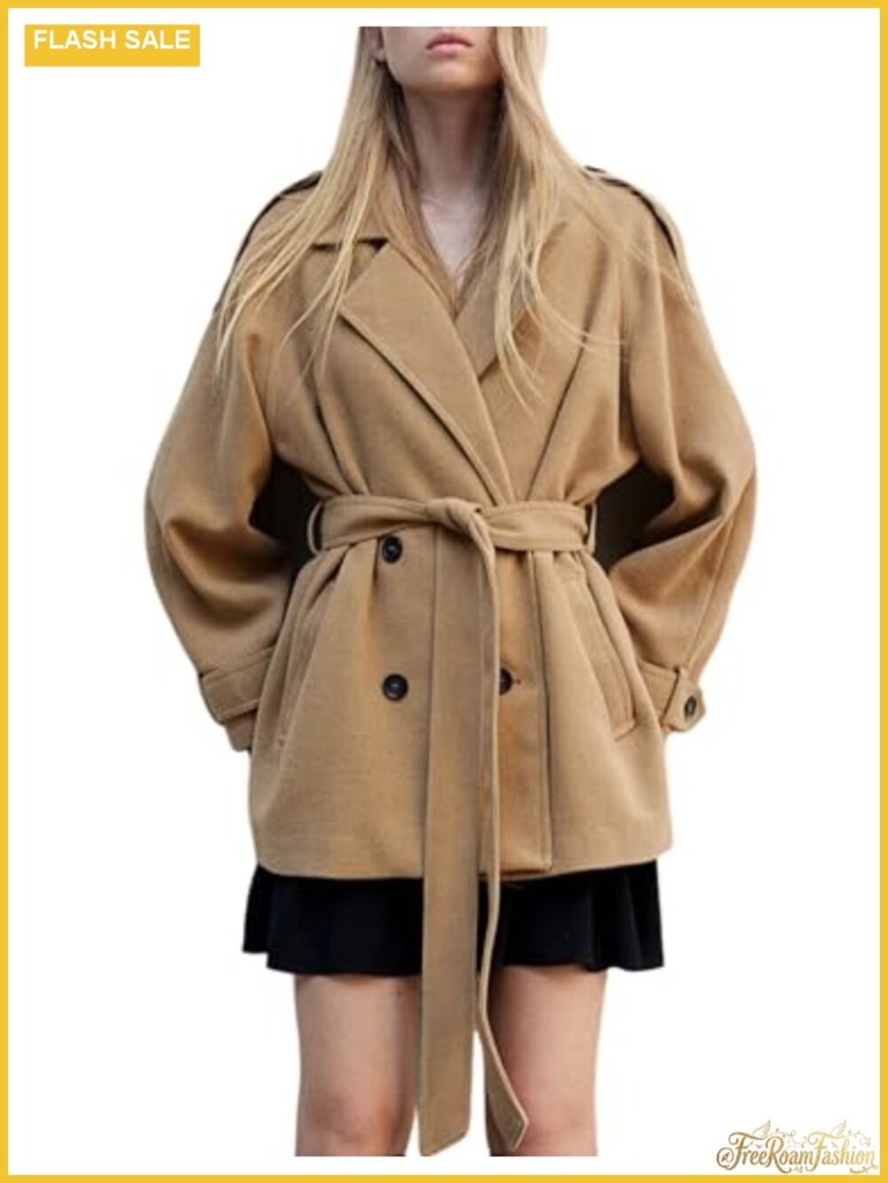 Women's Wool Blend Peacoat Notch Lapel Double Breasted Winter Loose Belted